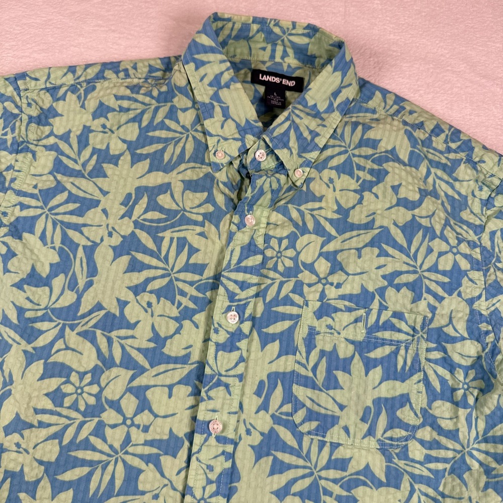 Lands End Hawaiian Seersucker Tropical Button Up Shirt Men's Size L Blue/Grn